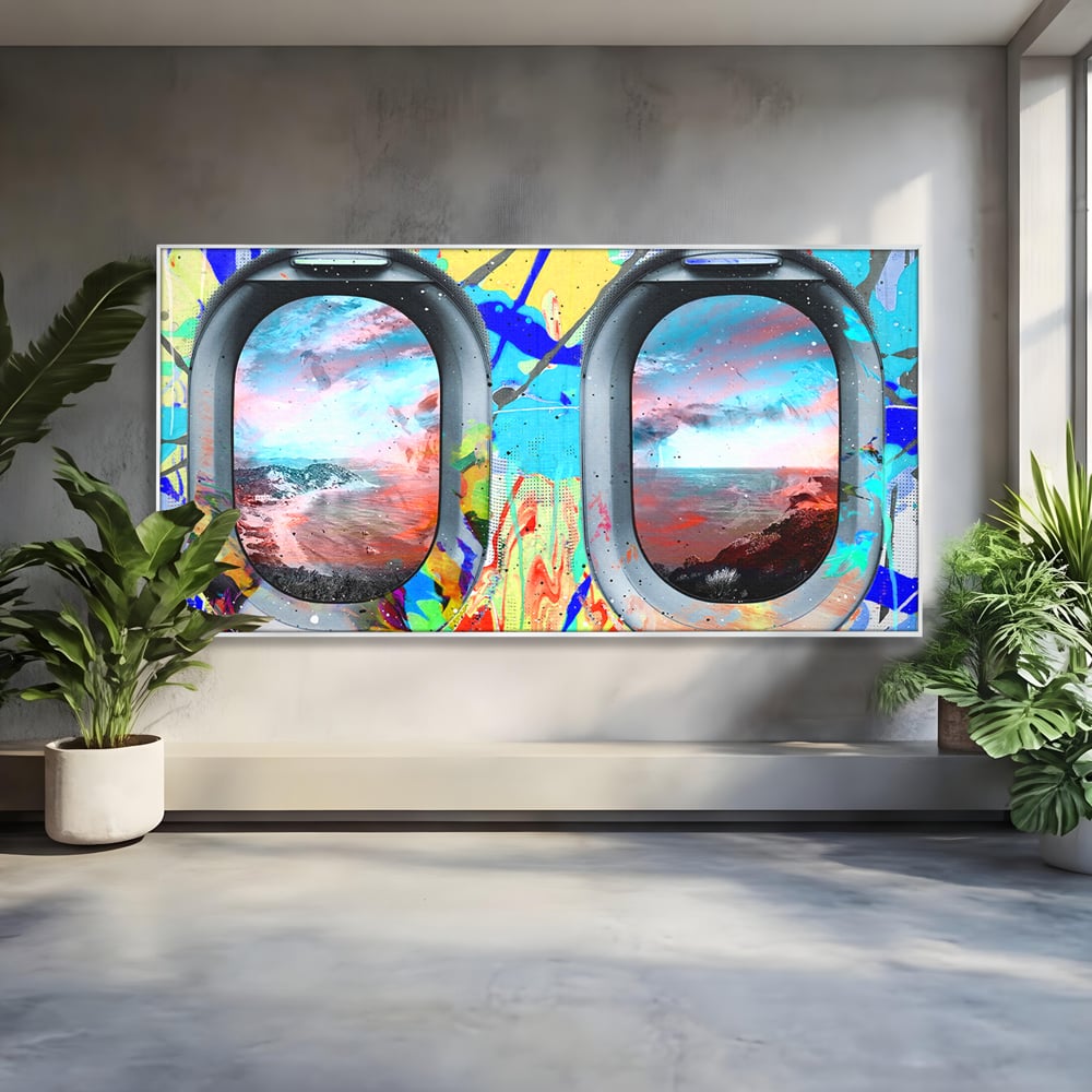 Tablou canvas cu tablou canvas cu ferestre de avion si graffiti, in rama de aluminiu argintiu